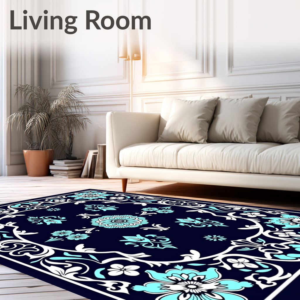 Aqua Floral Vines Mandala Pattern Rug