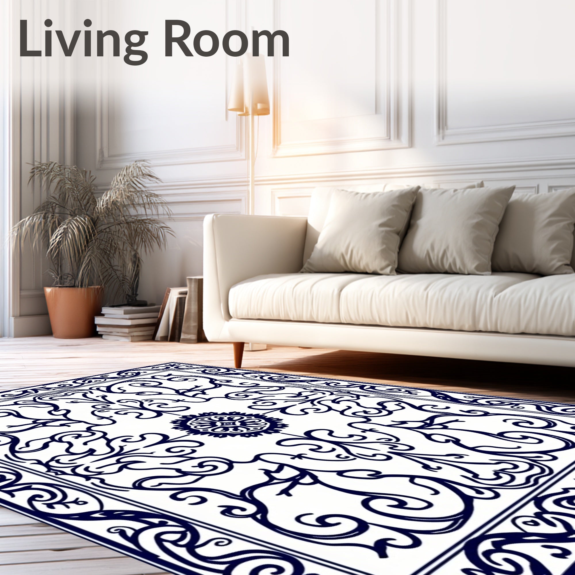 Classic Navy White Floral Scroll Rug