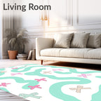 Whimsical Bow Pattern with Aqua Waves Rug