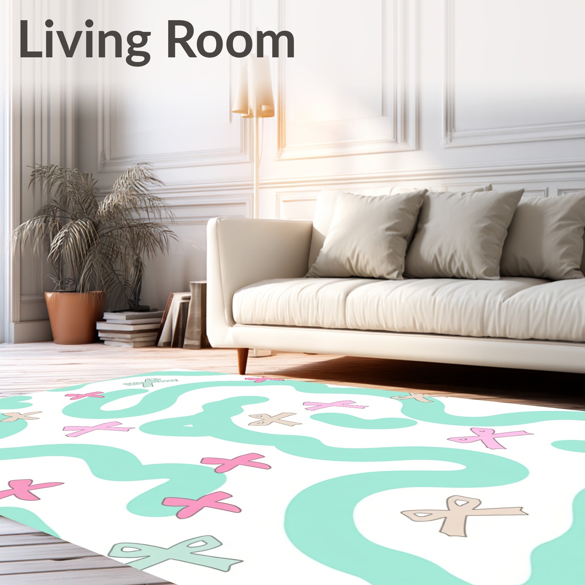 Whimsical Bow Pattern with Aqua Waves Rug