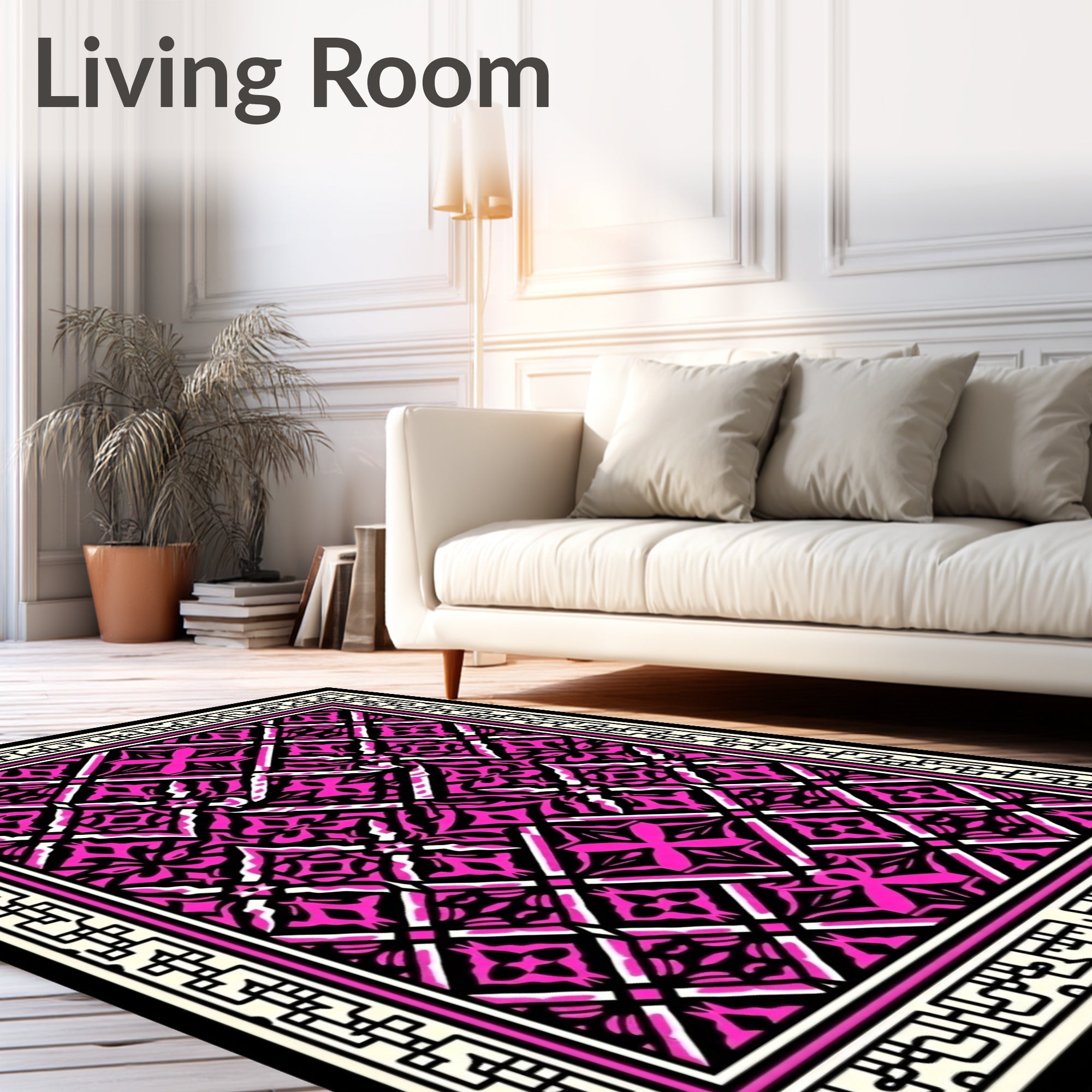 Vibrant Hot Pink Black Geometric Pattern Rug