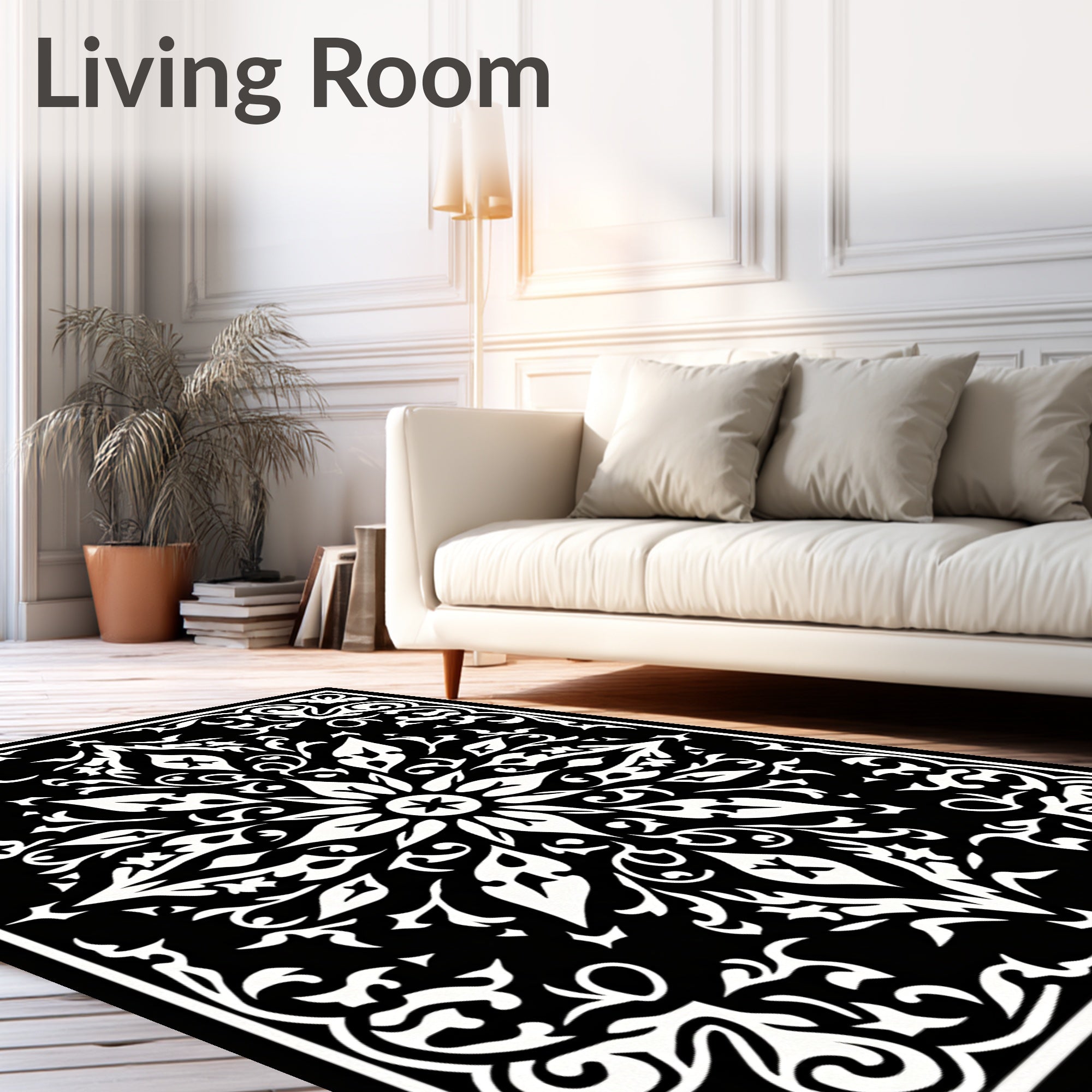 Intricate Black White Floral Medallion Rug