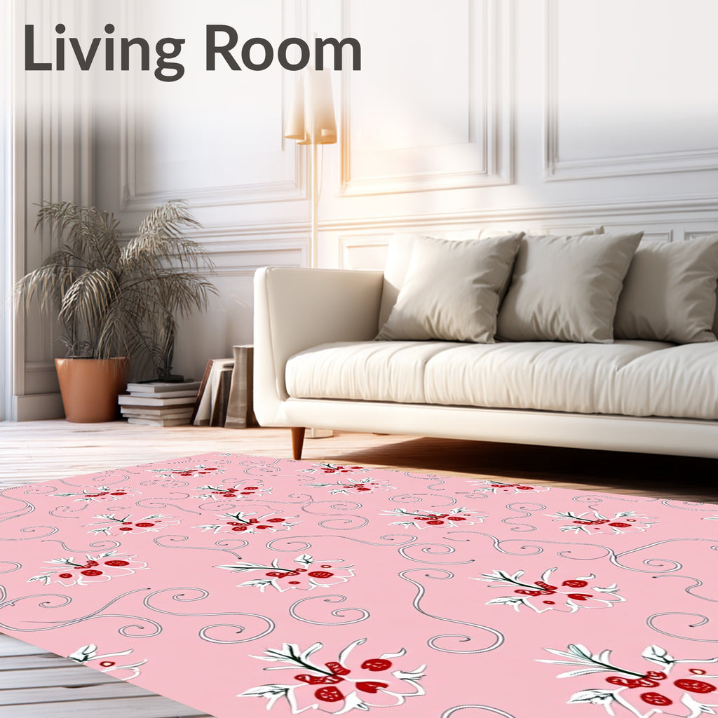 Pink Floral Swirl Line Art Rug