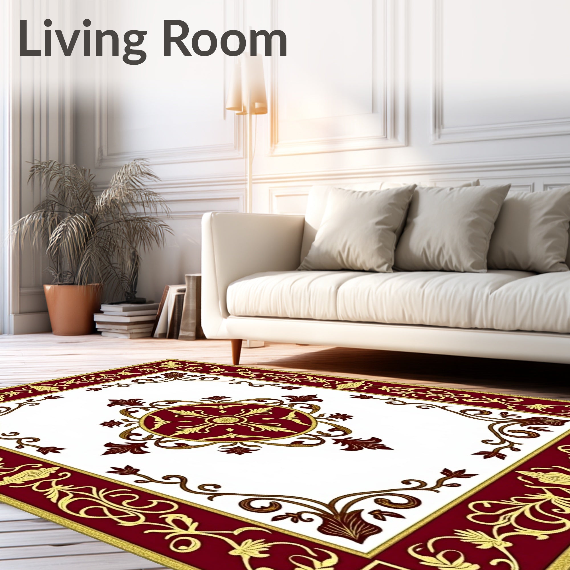 Regal Maroon Gold Floral Motif Design Rug
