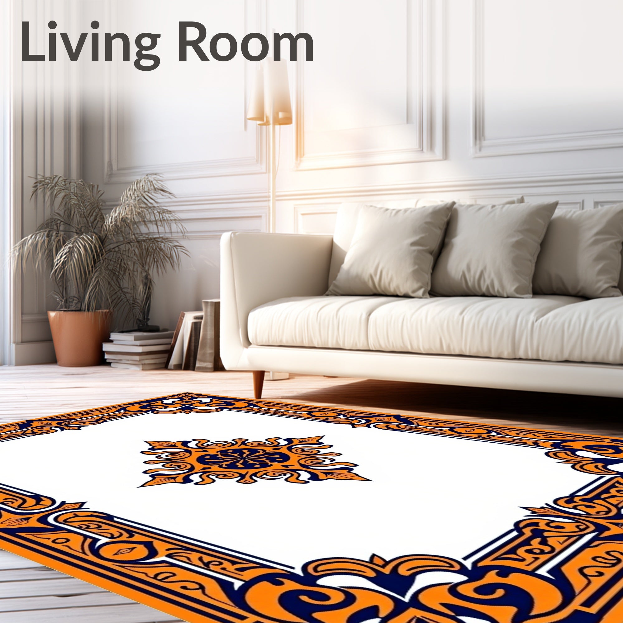 Orange Navy Intricate Floral Border Design Rug