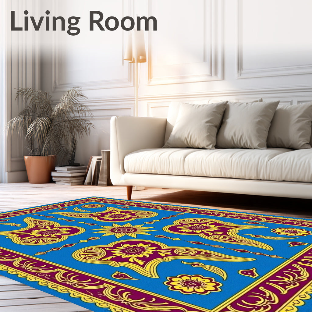 Vibrant Blue Paisley Floral Design Rug