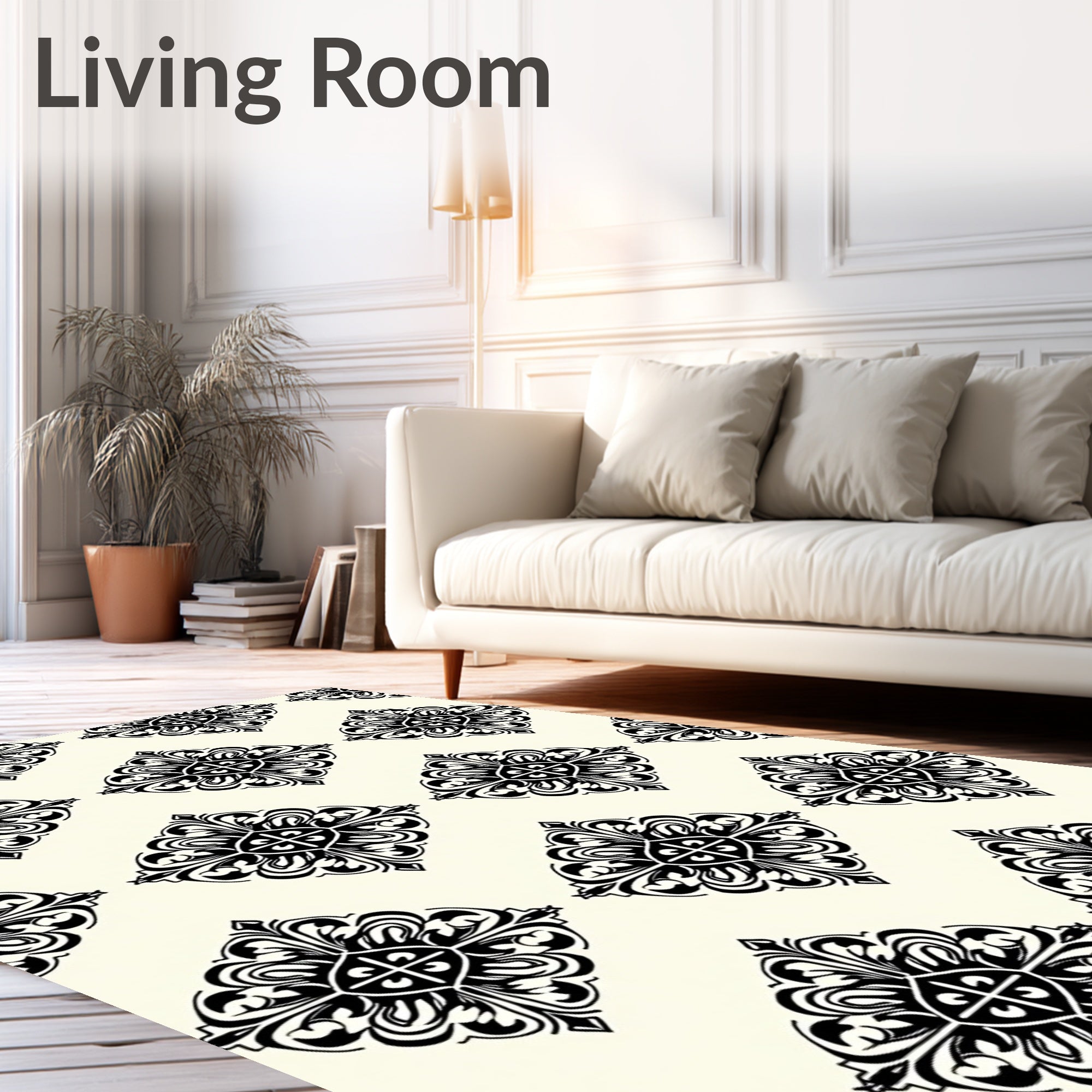 Black White Floral Ornament Rug