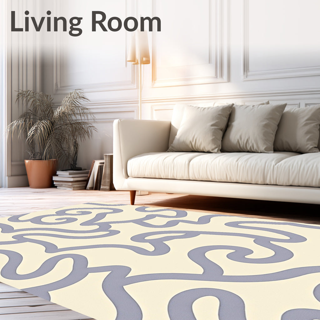 Cream And Blue Swirl Pattern Rug