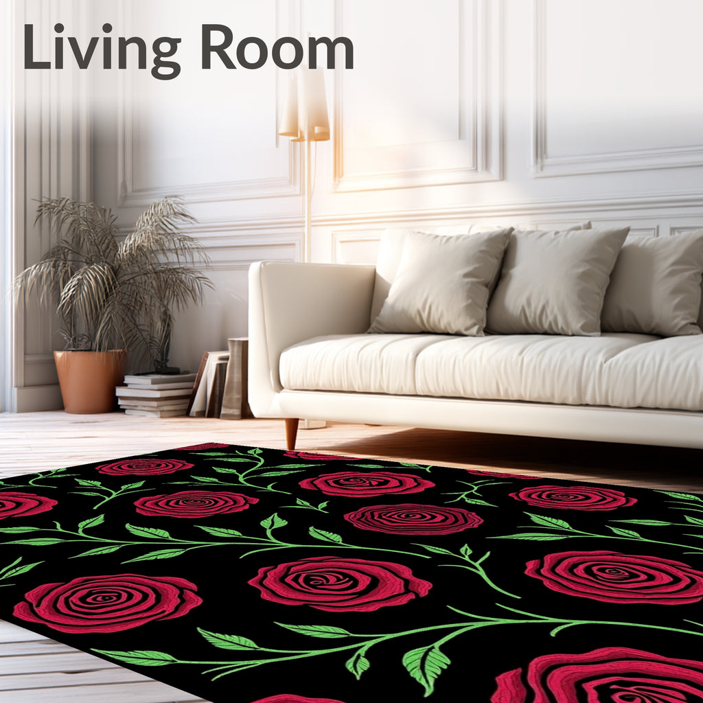 Deep Red Roses With Green Branches Pattern Rug