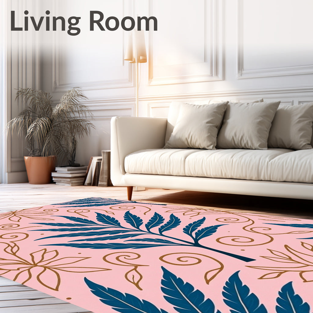 Elegant Blue Gold Fern Pattern Rug