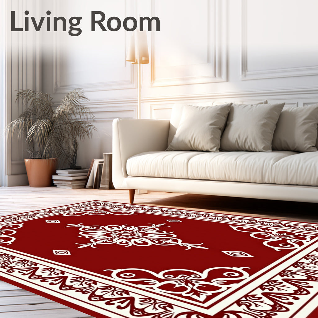 Elegant Red White Floral Border Design Rug