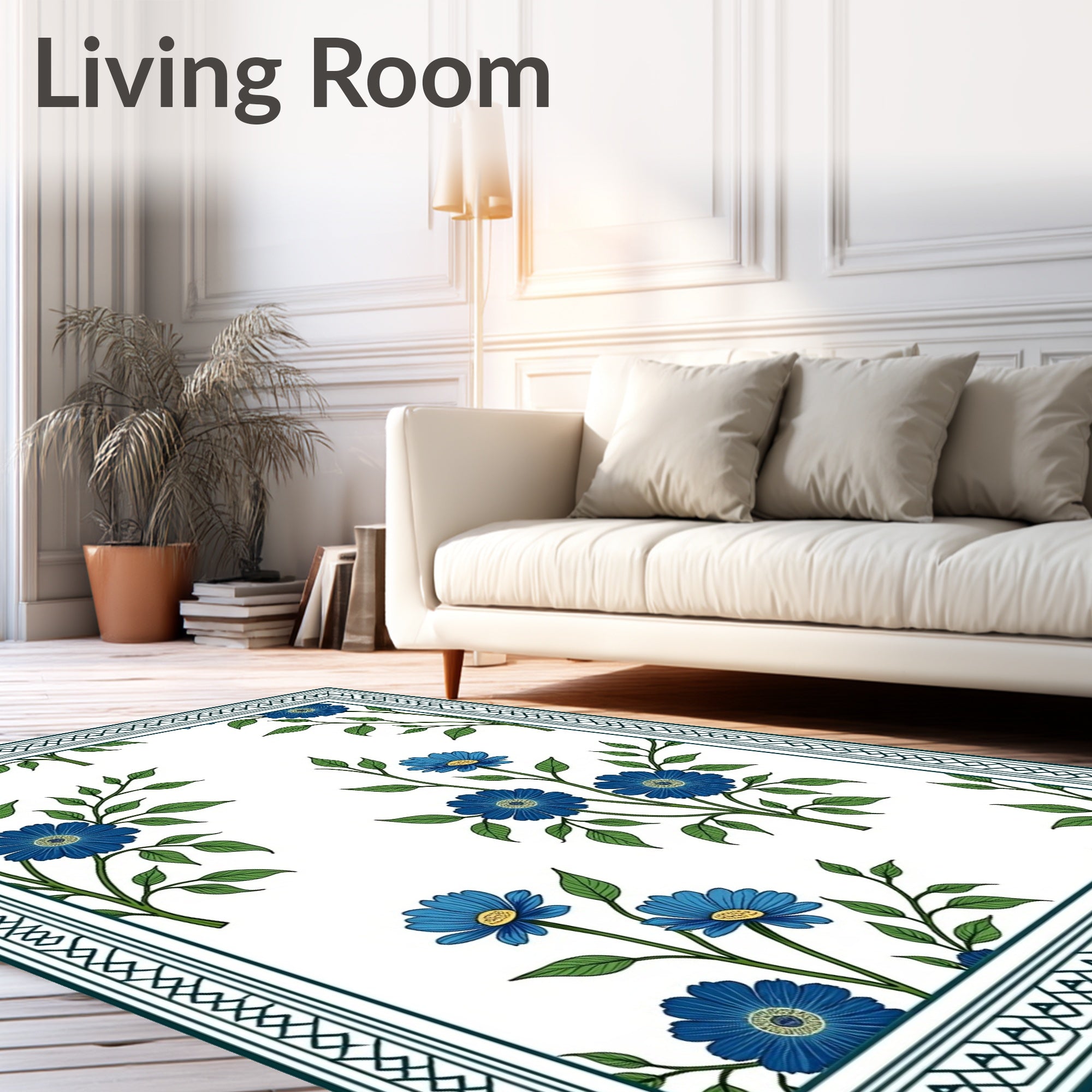 Blue Floral Sprigs Border Design Rug