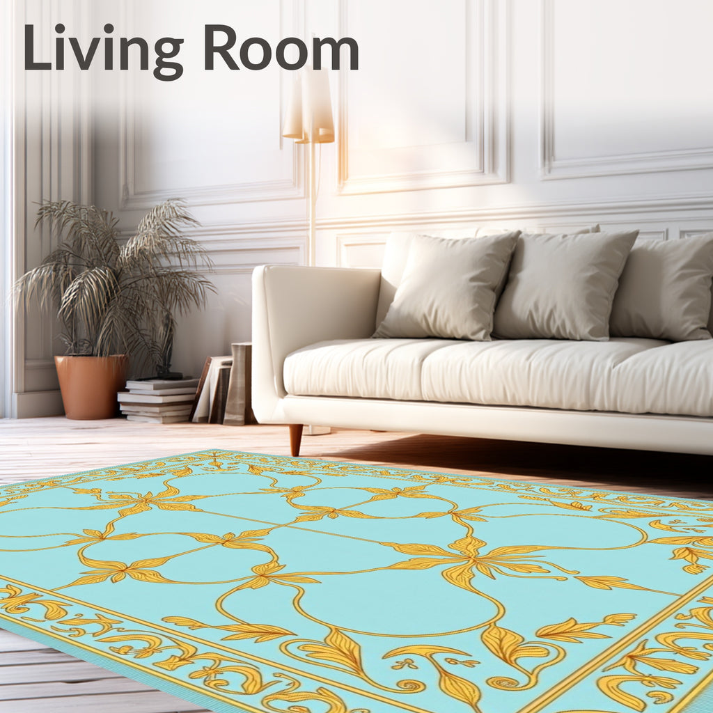 Aqua and Gold Floral Scroll Rug