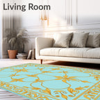 Aqua and Gold Floral Scroll Rug
