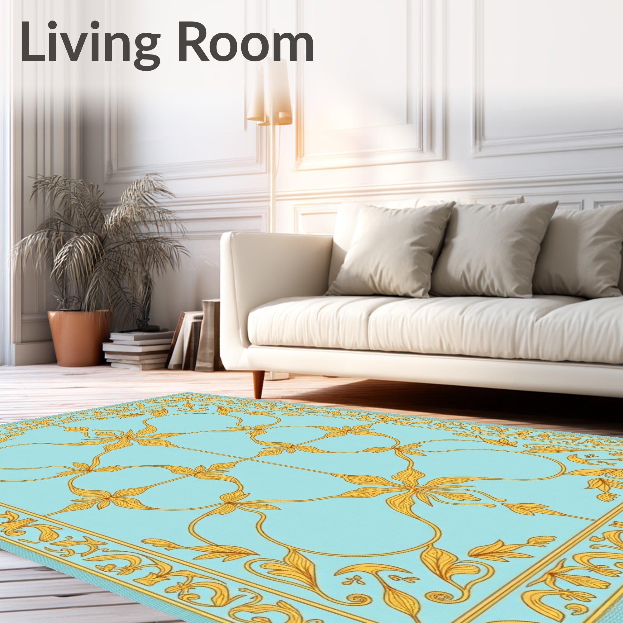 Aqua and Gold Floral Scroll Rug