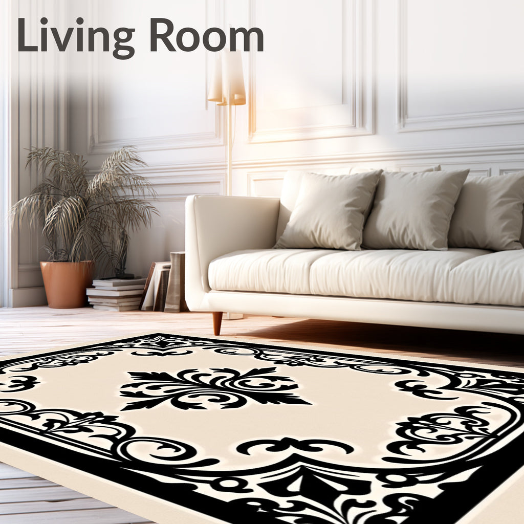 Ornate Black Flourish Decorative Pattern Rug