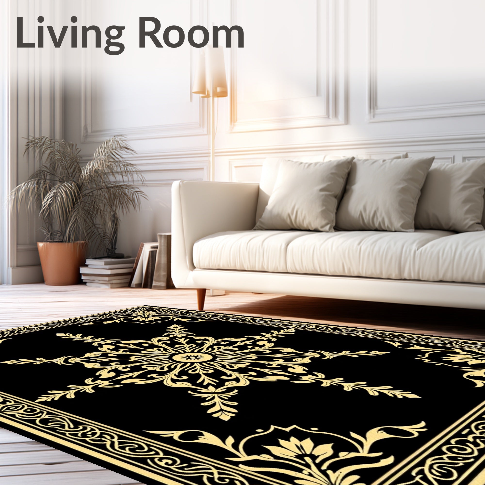 Elegant Gold Floral Medallion Border Rug