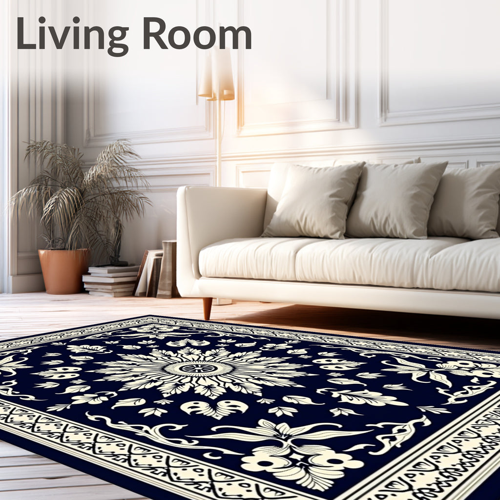 Navy Cream Floral Mandala Pattern Rug