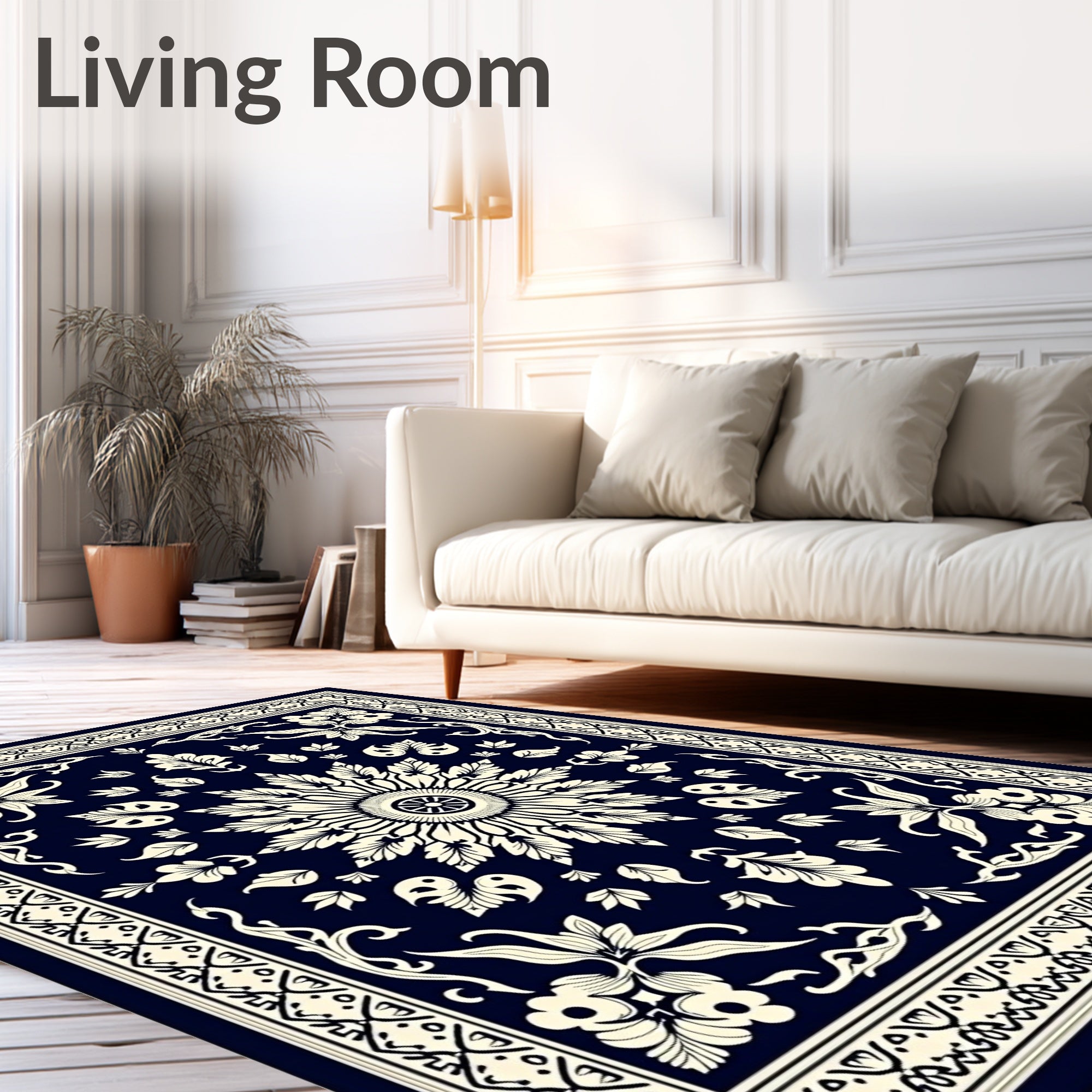 Navy Cream Floral Mandala Pattern Rug