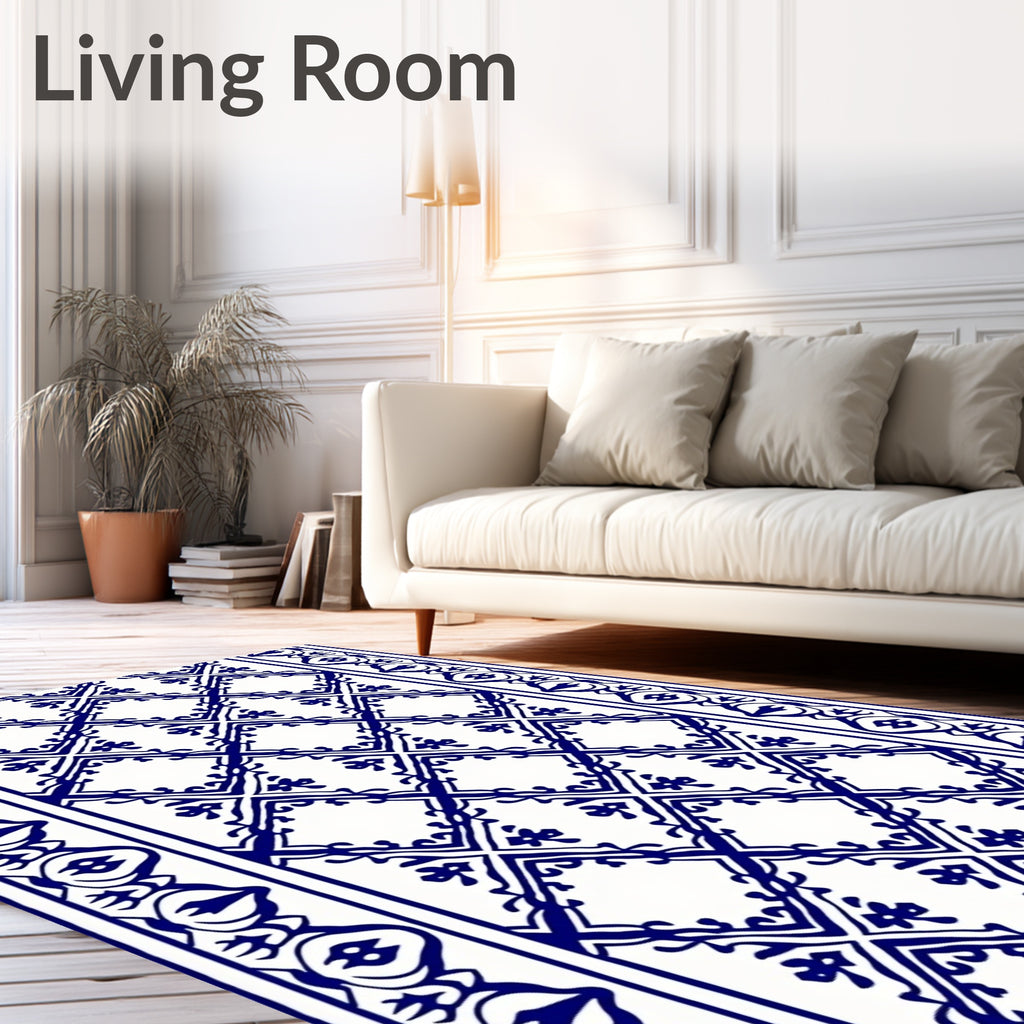 Classic Blue White Diamond Scroll Pattern Rug