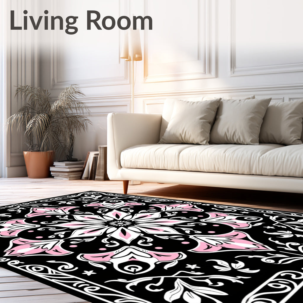 Intricate Floral Black Pink Art Rug