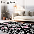 Intricate Floral Black Pink Art Rug