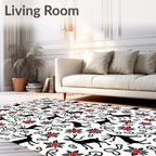 Black Deer Red Bloom Whimsical Art Rug