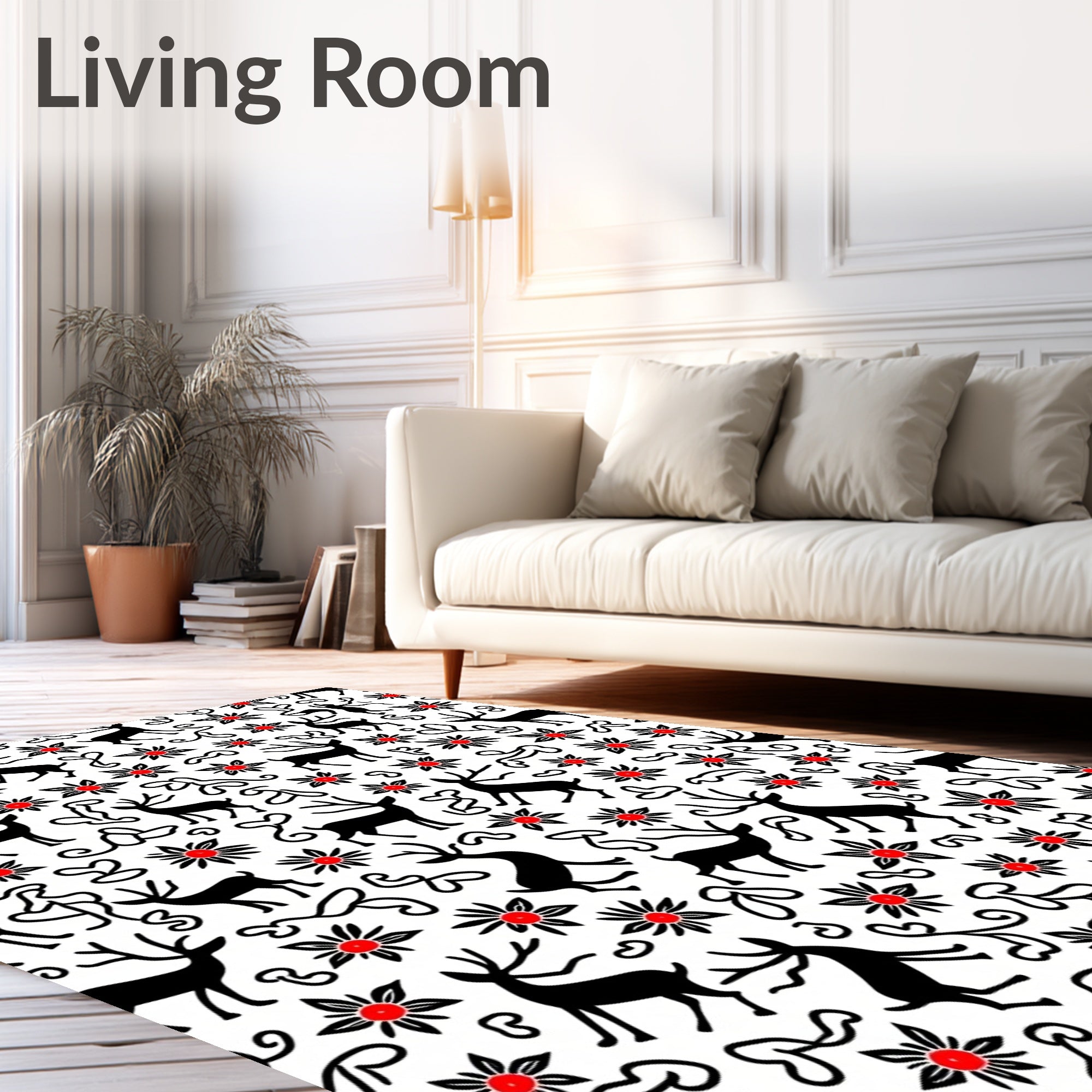Black Deer Red Bloom Whimsical Art Rug