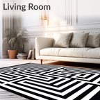 Black White Geometric Maze Pattern Rug