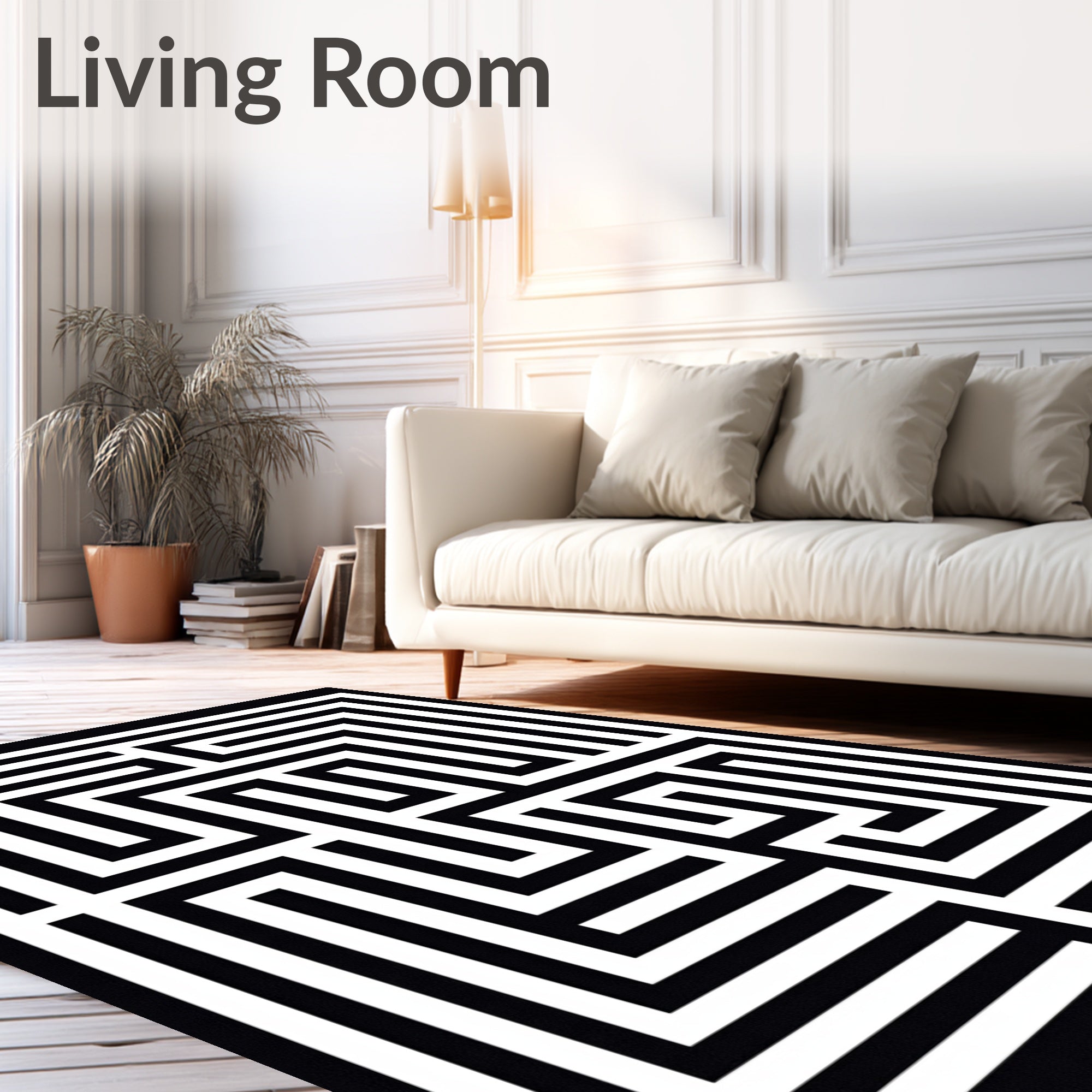 Black White Geometric Maze Pattern Rug