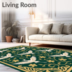 Elegant Cranes Flowers In Gold Border Rug
