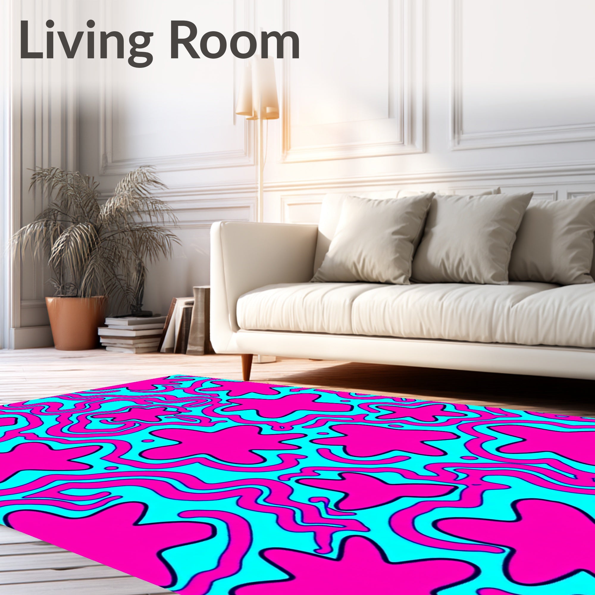 Abstract Pink Star Shapes Wavy Lines Rug