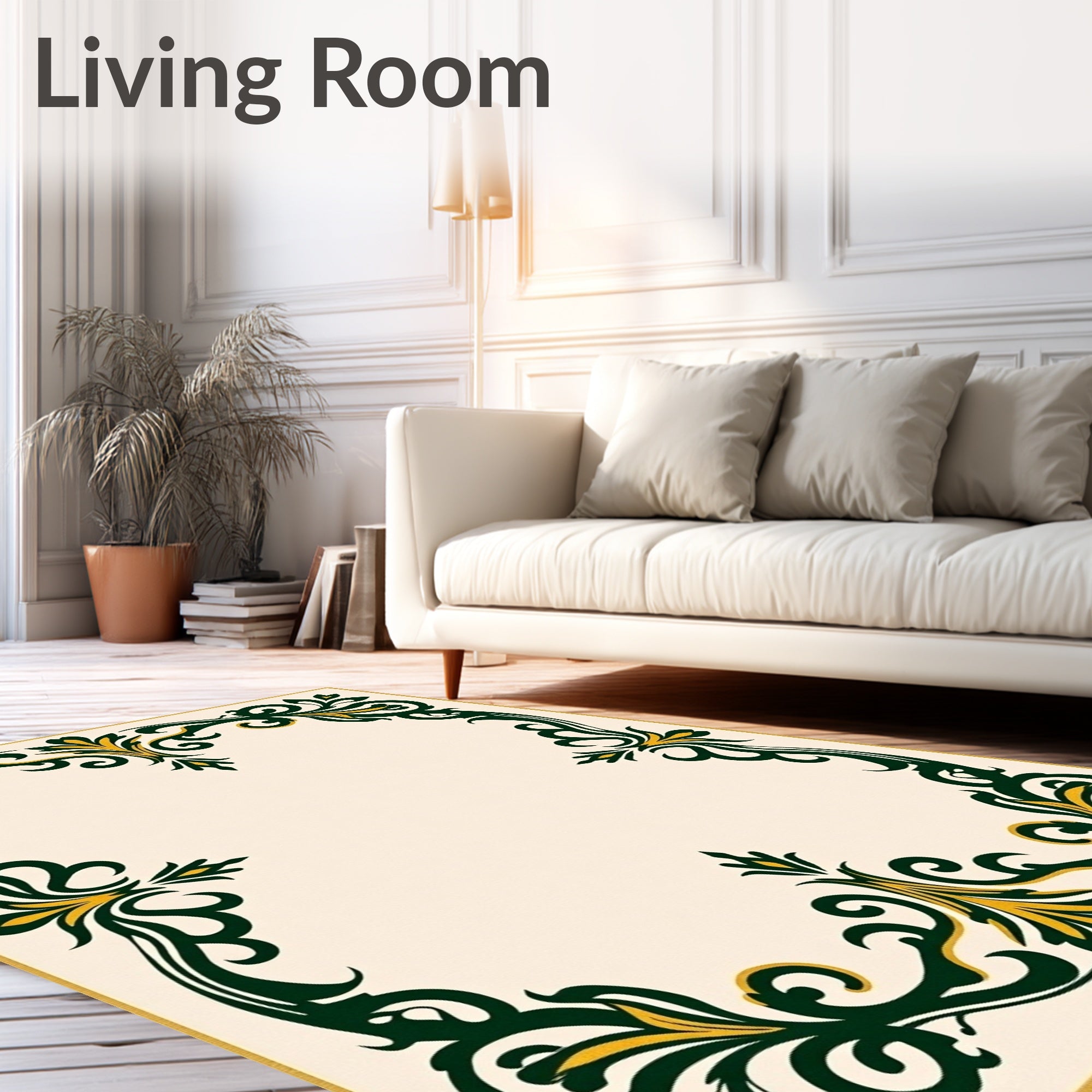 Ornate Floral Dark Green Yellow Design Rug