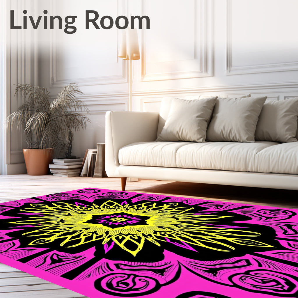 Vivid Hot Pink Yellow Floral Medallion Rug
