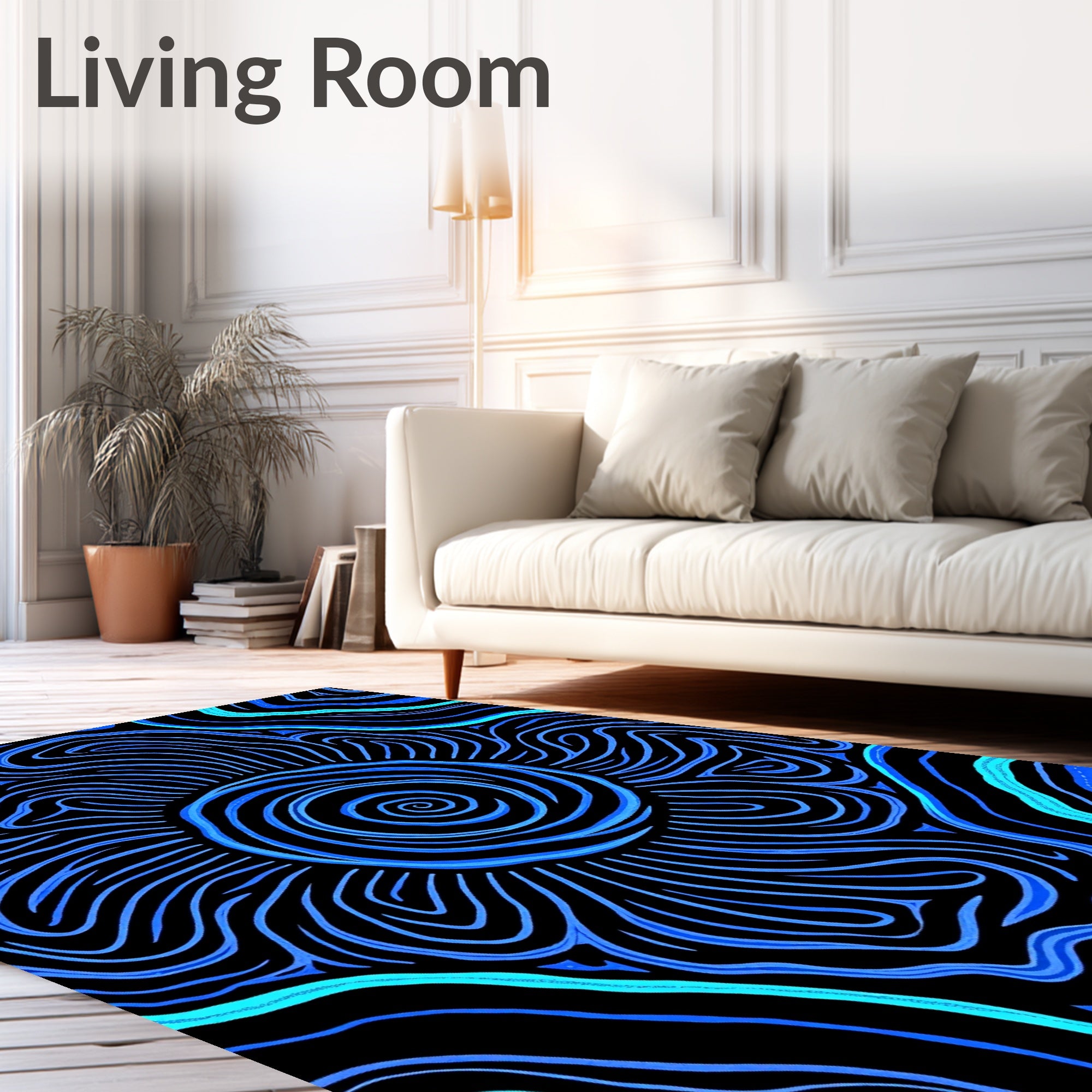 Vibrant Blue Swirl Line Art Rug