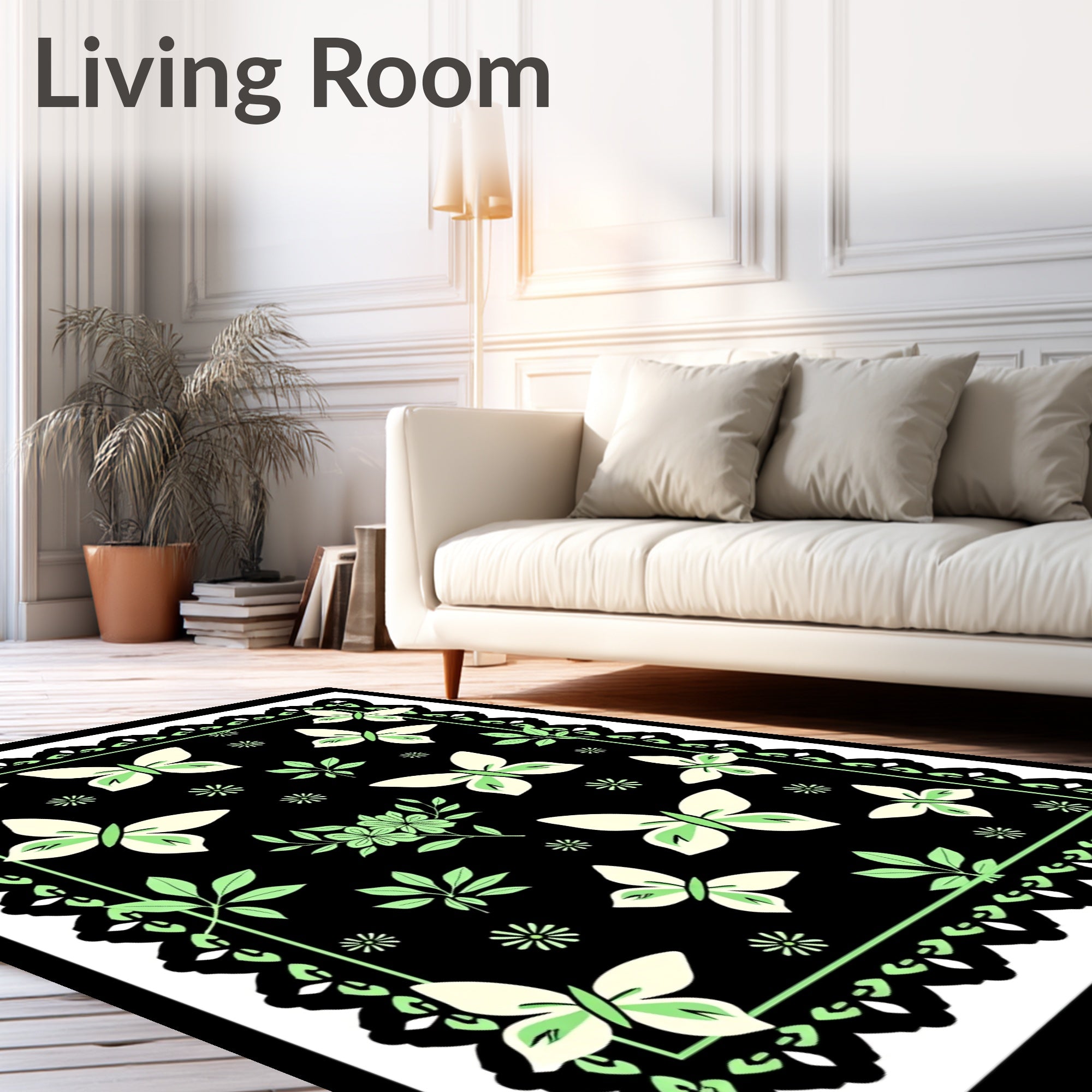 Whimsical Butterflies Flowers on Black Design Rug