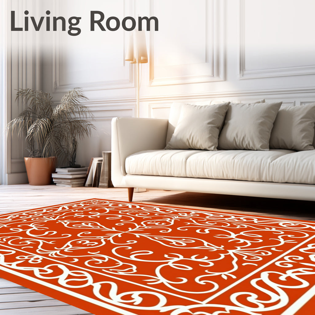 Elegant Red White Ornate Swirl Rug