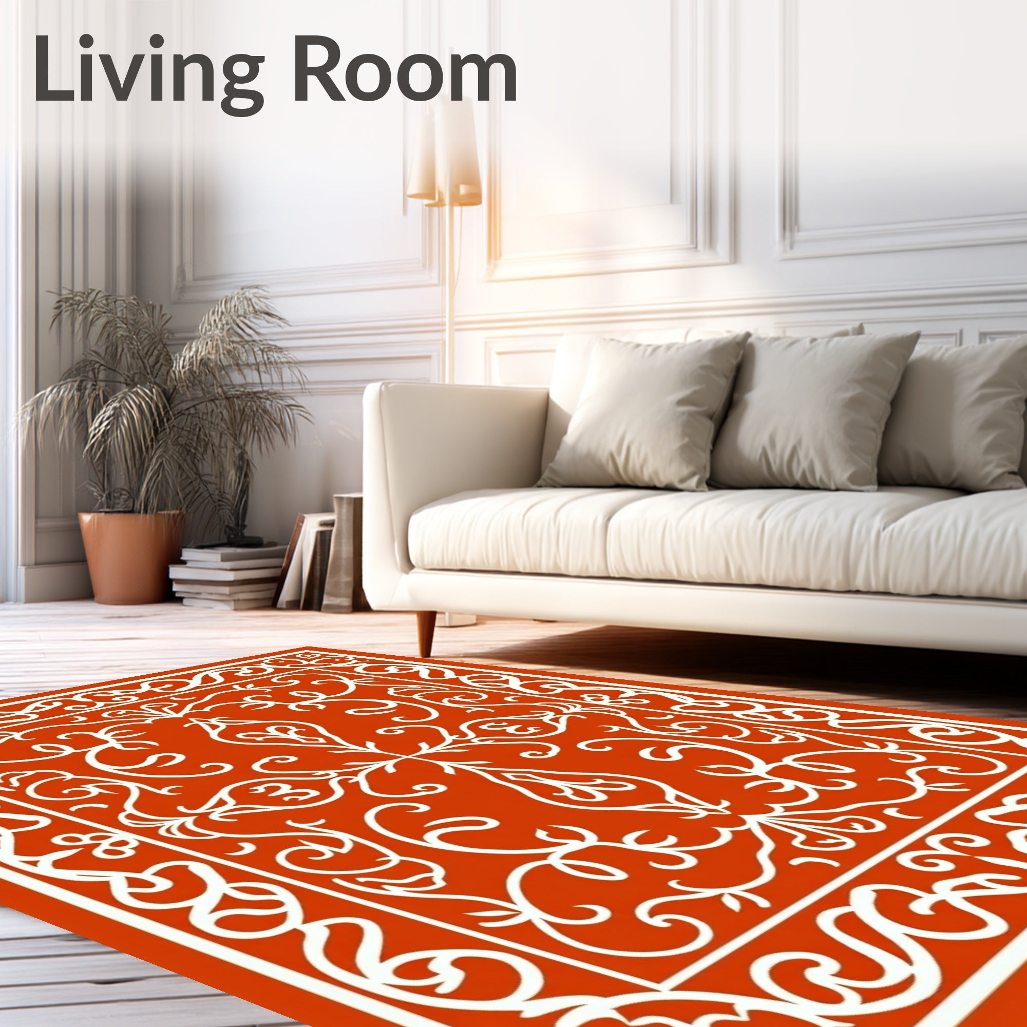 Elegant Red White Ornate Swirl Rug
