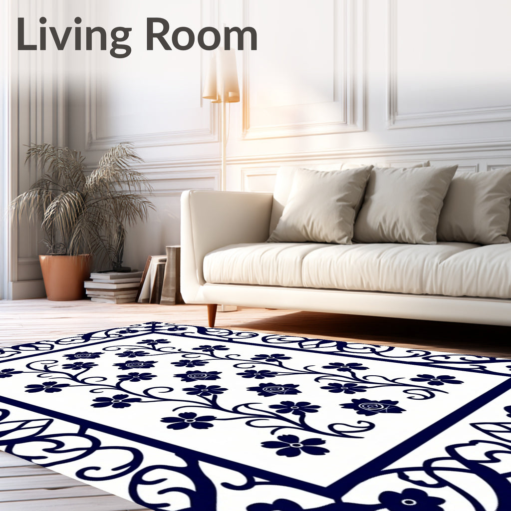 Navy Blue Floral Vine Border Rug