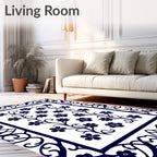 Navy Blue Floral Vine Border Rug