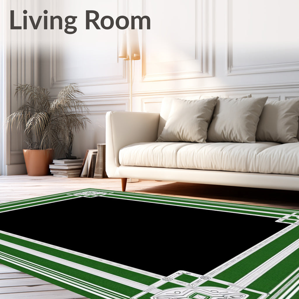 Green White Ornate Geometric Border Design Rug
