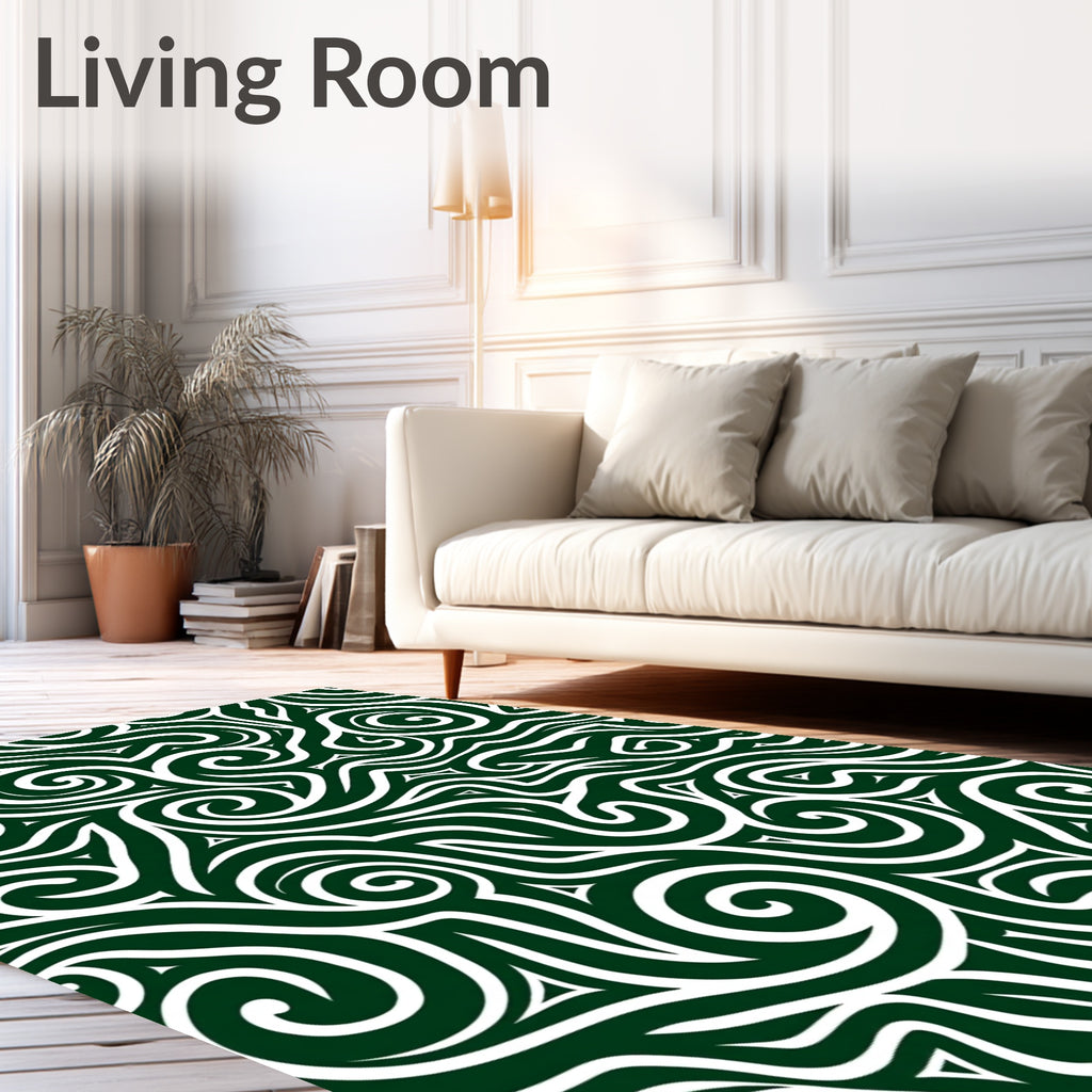 Dark Green White Tribal Swirl Abstract Rug