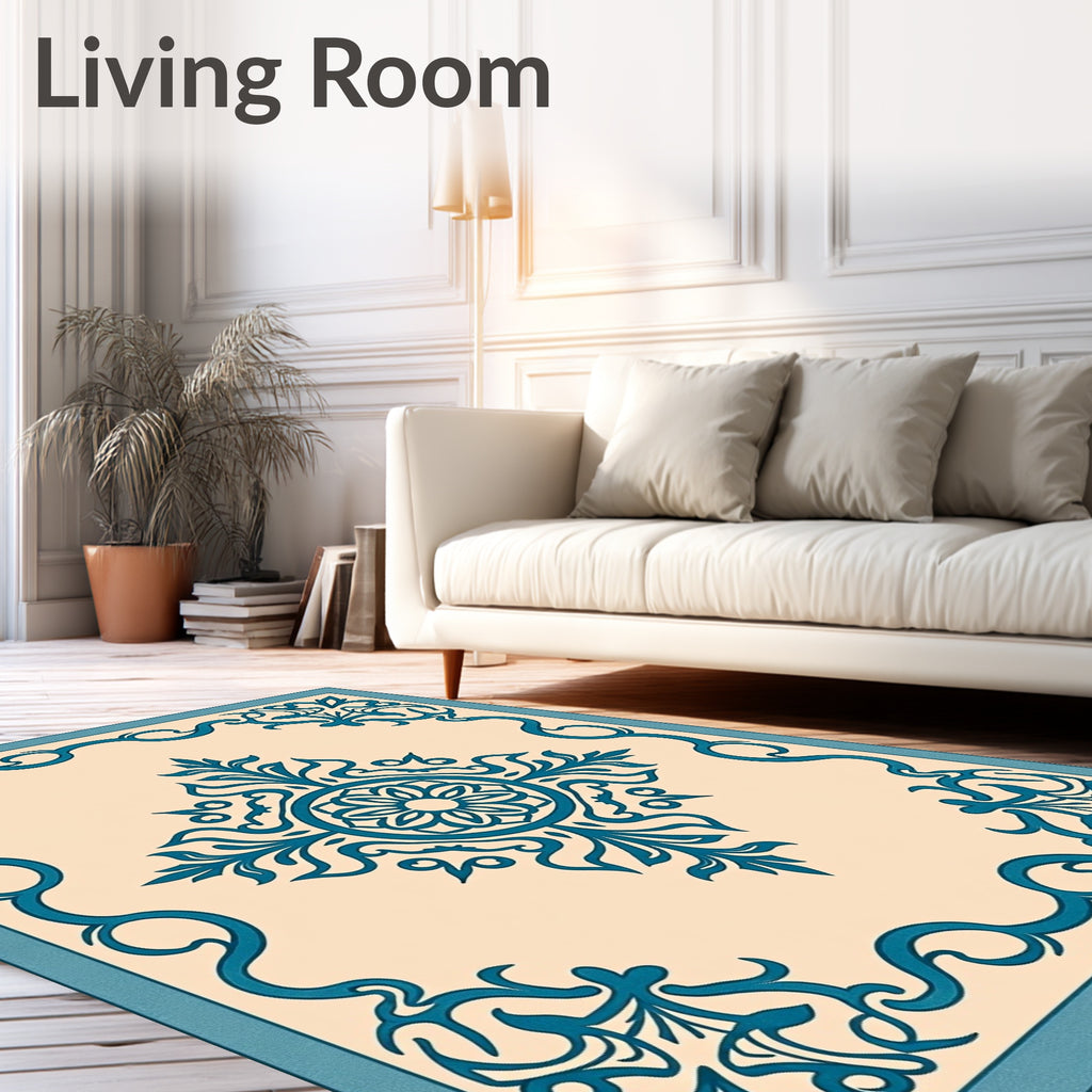 Teal Floral Art Deco Pattern Rug