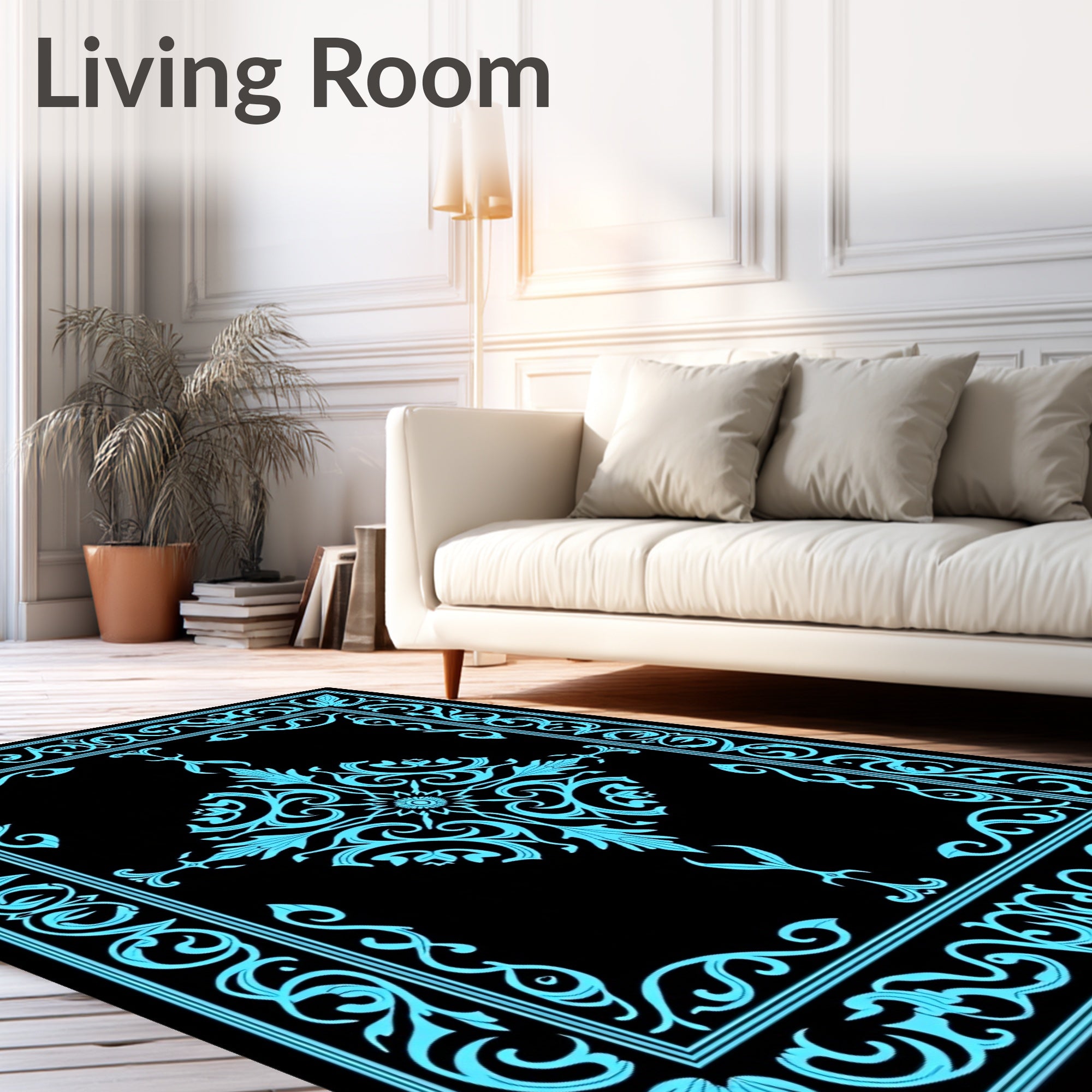 Elegant Cyan Floral Border Design Rug