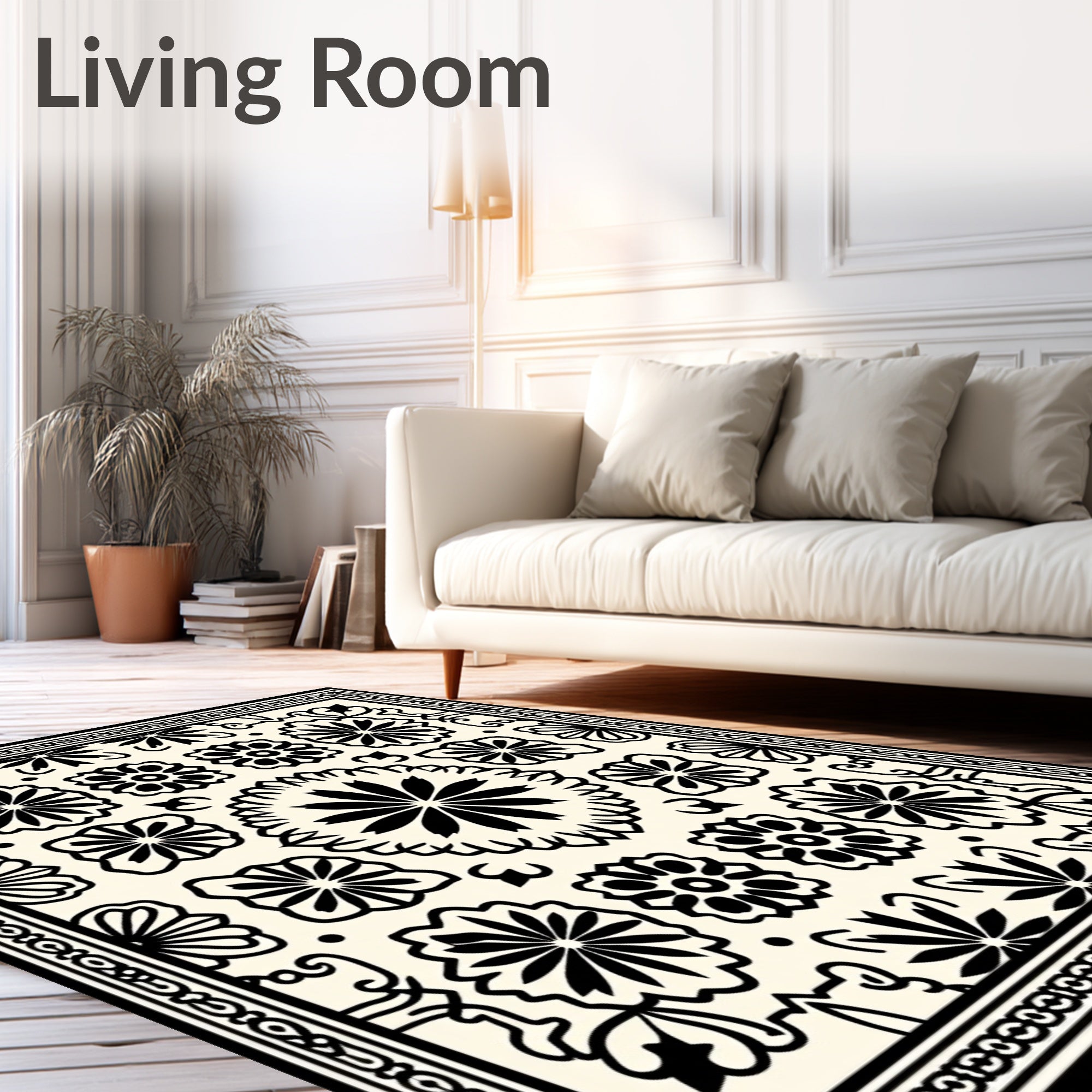 Black White Floral Patterned Rug