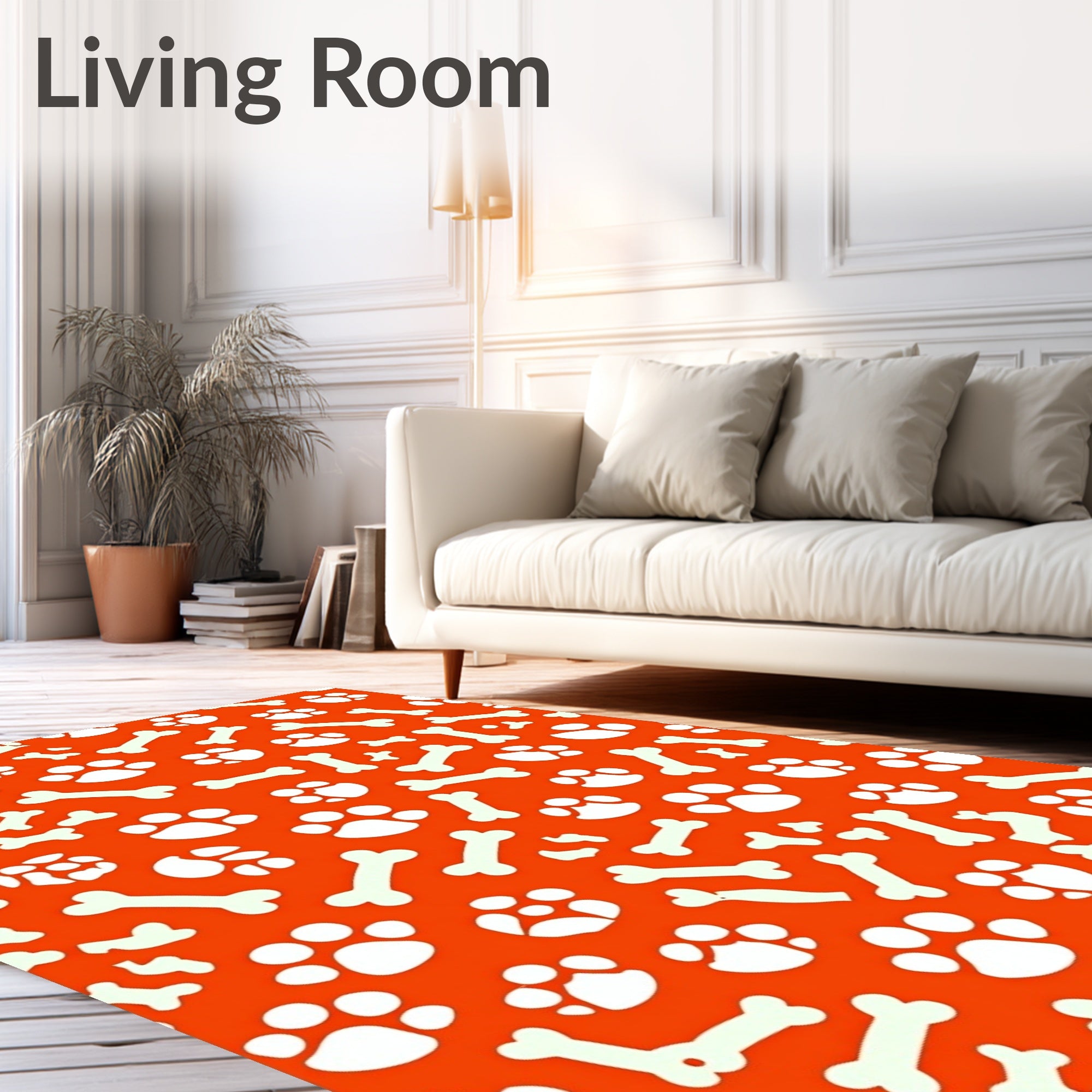 Playful Orange Paw Print Bone Pattern Rug