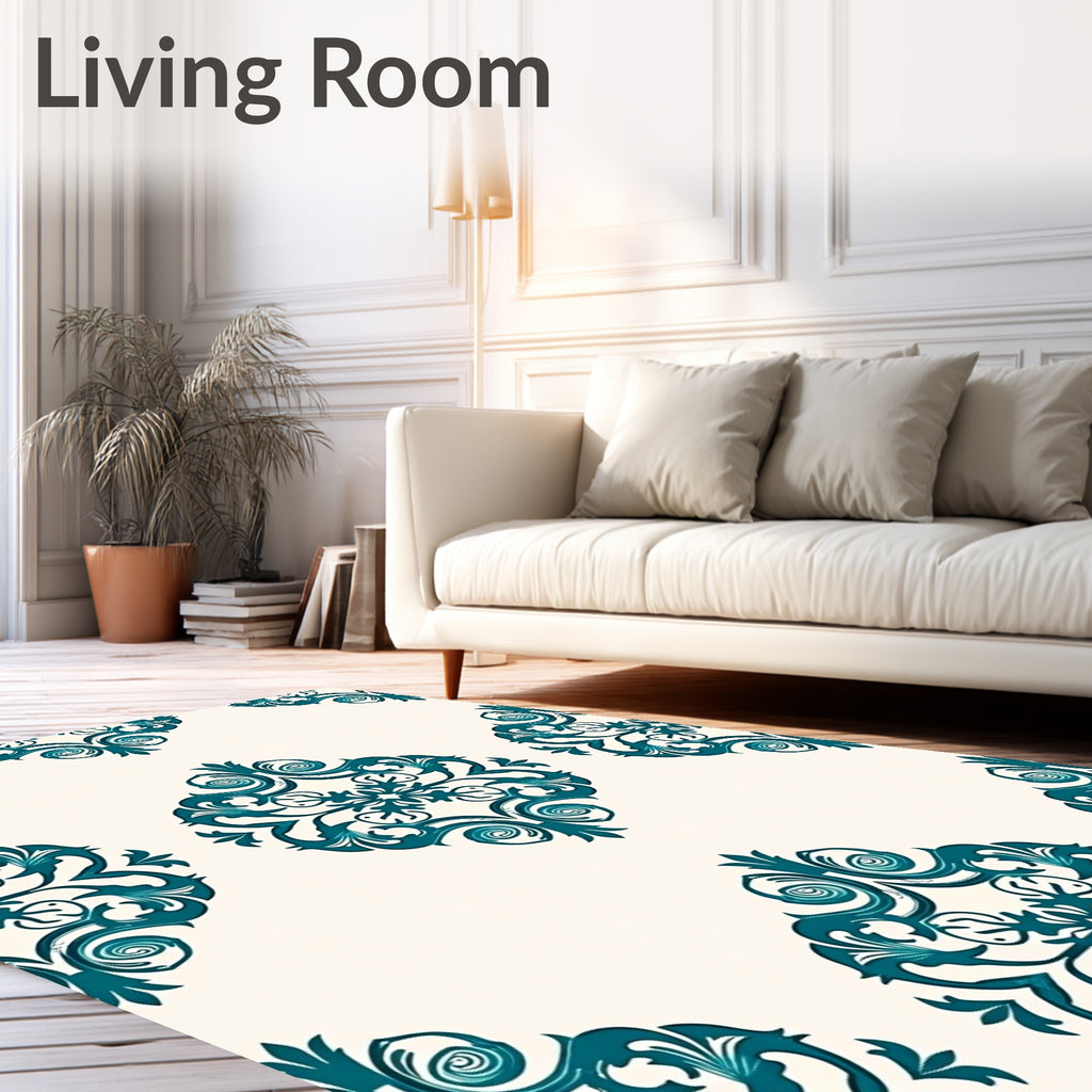 Regal Teal Scrollwork Damask Rug