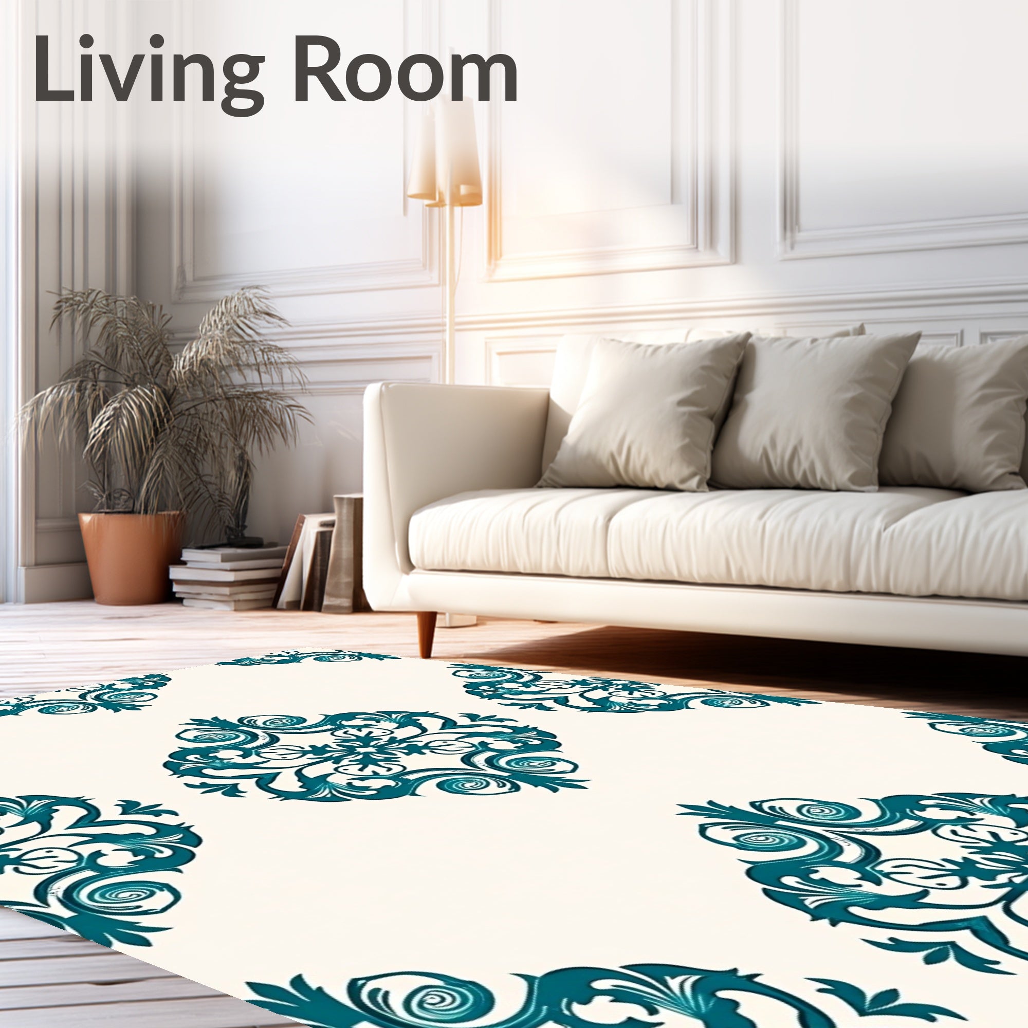 Regal Teal Scrollwork Damask Rug