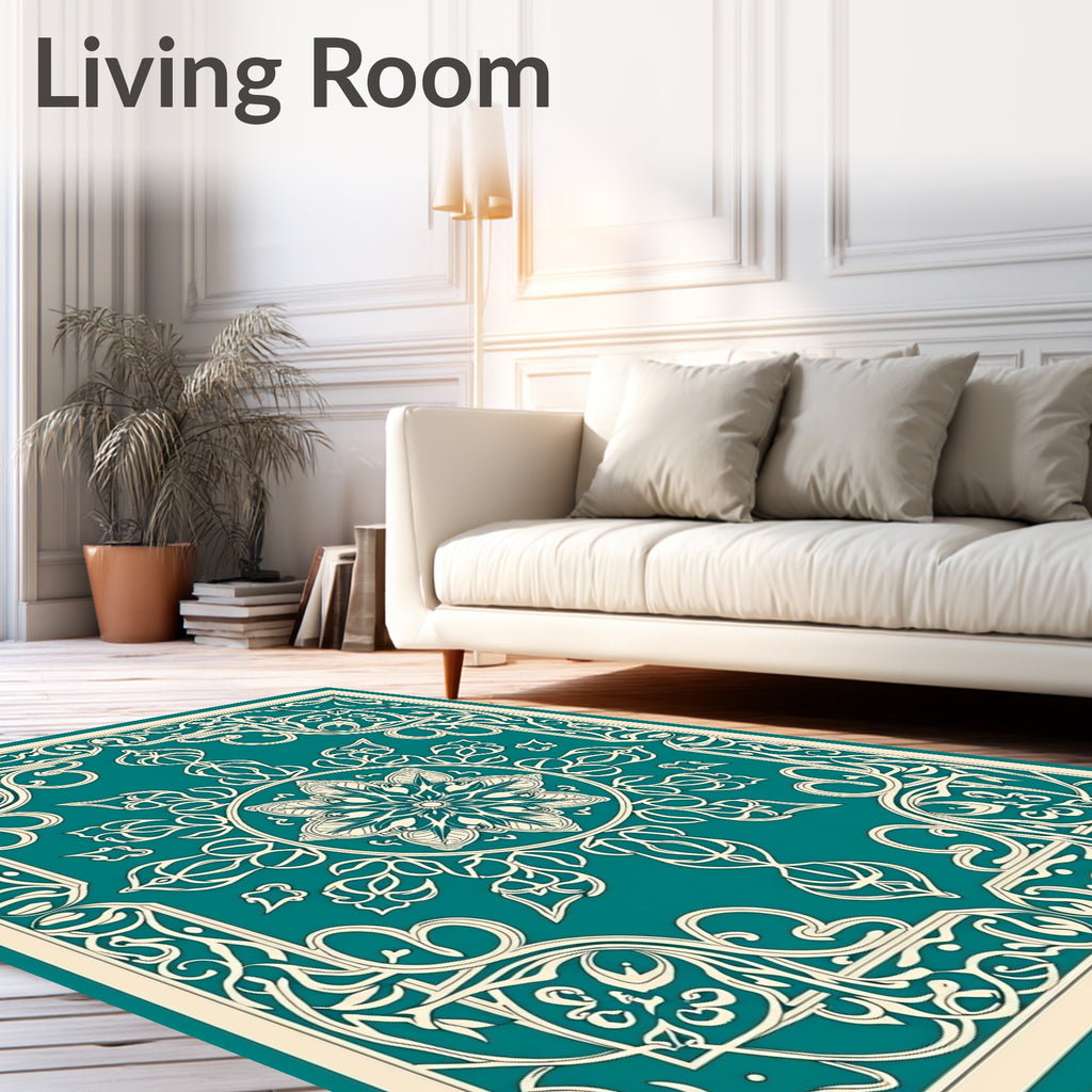 Ornate Teal Mandala Floral Design Rug