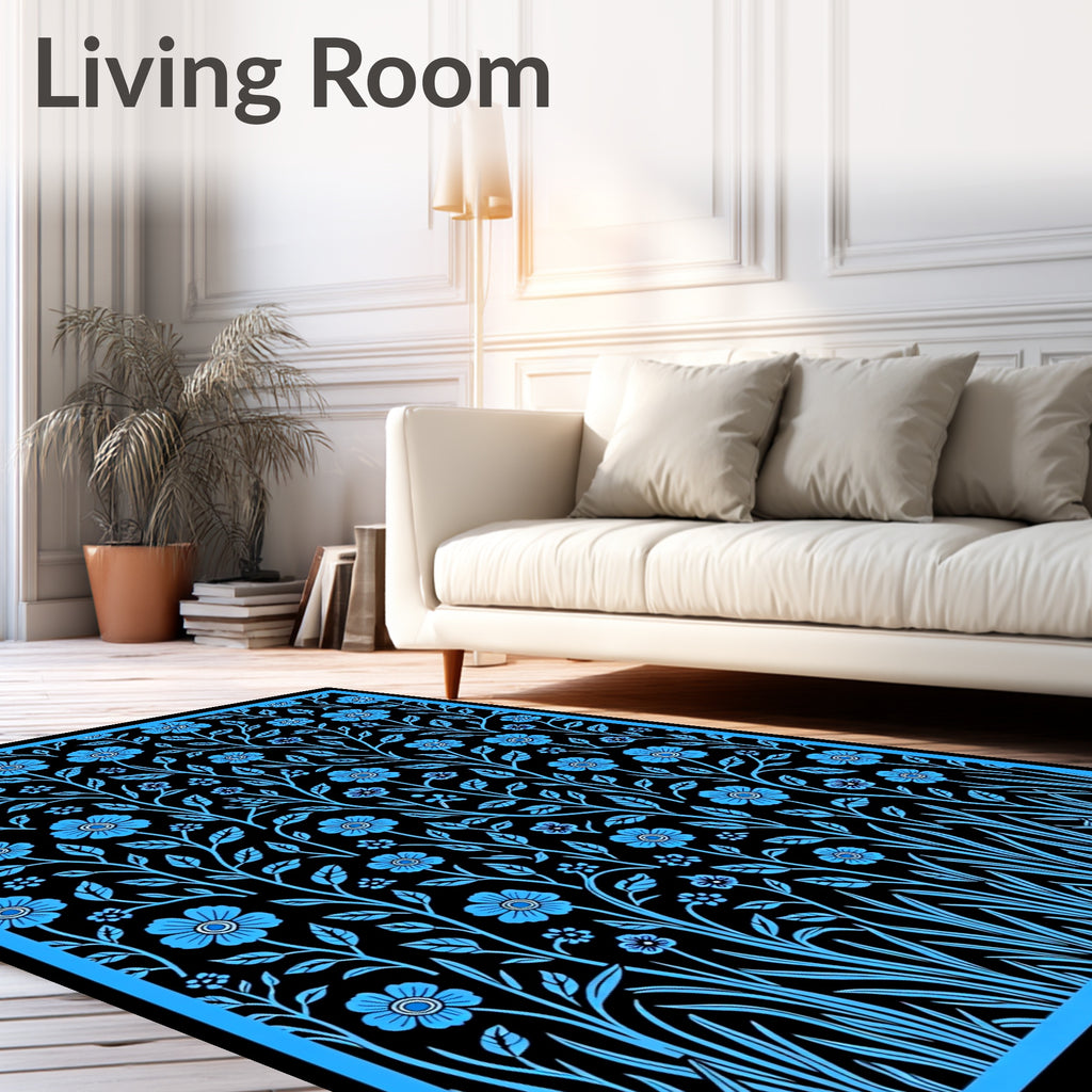Bold Blue Floral Botanical Statement Rug